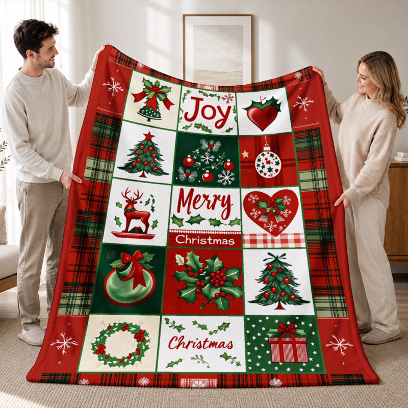 Couverture en patchwork douce en flanelle « Joyeux Noël », ultra douce et moelleuse, idéale pour le canapé, le lit ou toute autre pièce. Couverture d'hiver douillette pour la décoration et les cadeaux de Noël (152 x 203 cm). De plus, un sac fourre-tout en toile avec un chat et un chapeau de Noël vous est offert.
