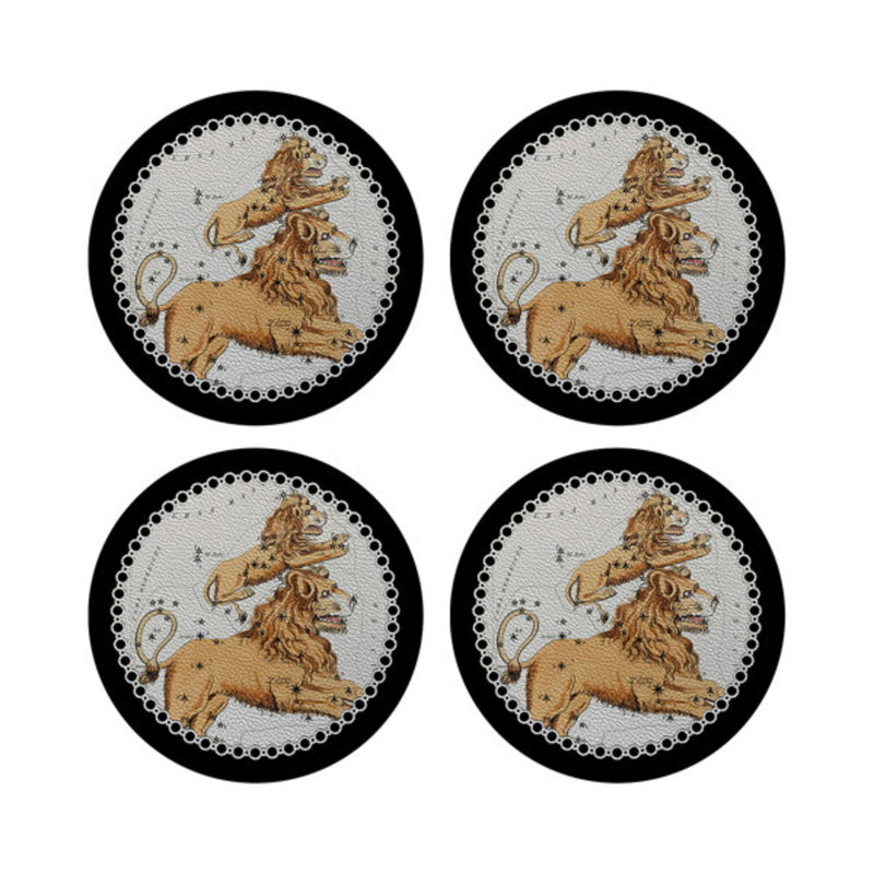 Zodiac Leo Black Vegan Leather Round Coasters, Black