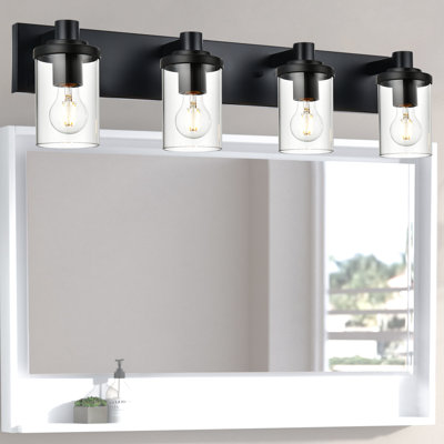Luminaire de salle de bain sur miroir de salle de bain, lumières de salle de bain en métal noir sur miroir 4 lumières, éclairage mural moderne avec abat-jour en verre transparent pour meuble de couloir