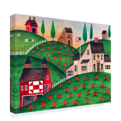 'Pumpkin Red Barn Folk Art' Acrylic Painting Print on Wrapped Canvas
