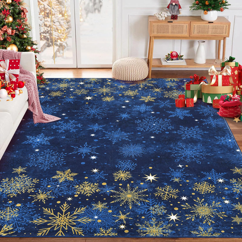 Christmas Area Rug – Washable, Non-Slip Blue Carpet with Snowflake Motif, Soft Short Pile Holiday Decor, Water-Waterproof, Ultra-Thin, Kids & Pets Friendly – 160x230cm, Germany