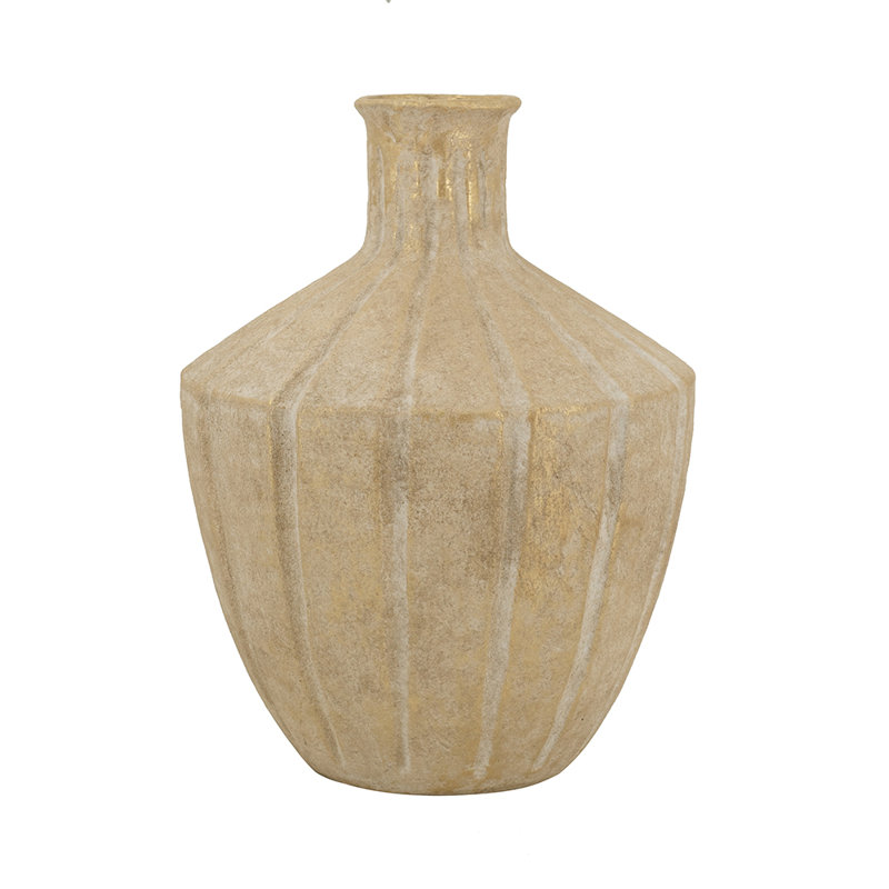 10X10x13.5" Ridged Terracotta Vase With Earthy Gold Finish