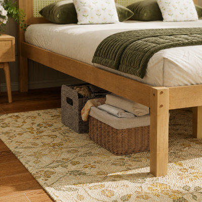 Pine Wood Platform Bed with Rattan Headboard, Natural Farmhouse Boho Bed Frame with Under Bed Storage, No Box Spring Needed