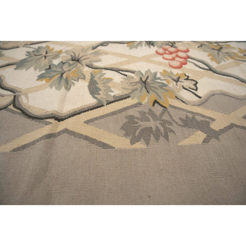 Tapis tissé à plat Vintage Aubusson, treillis gris 9 pi 0 po x 12 pi 0 po