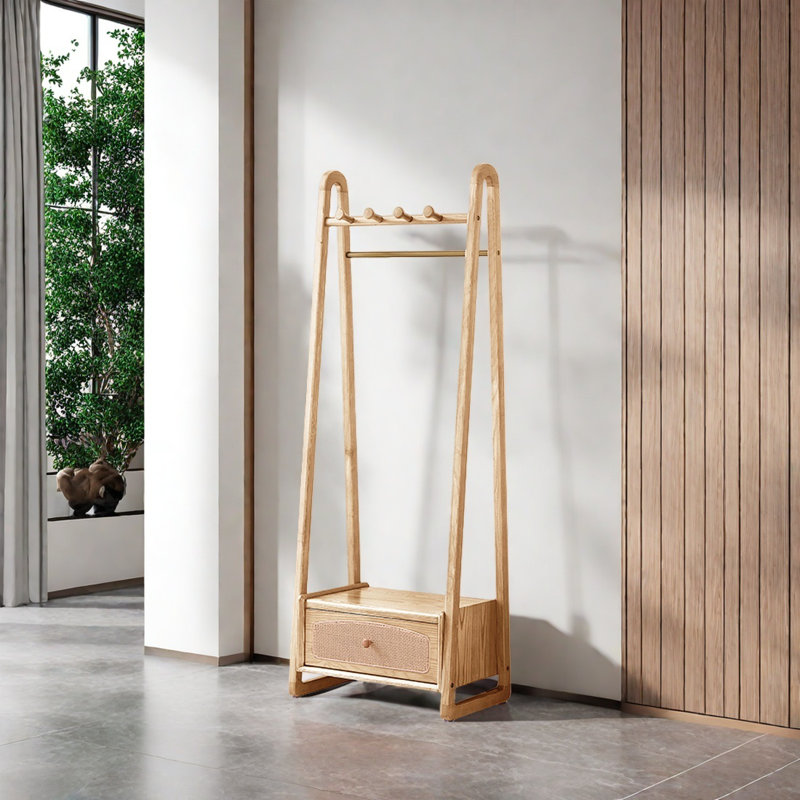 Ash Wood Coat Rack with Storage, Burlywood