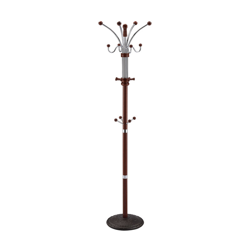 73" Tall Chrome And Wood Coat Rack, Cherry Finish, Cherry