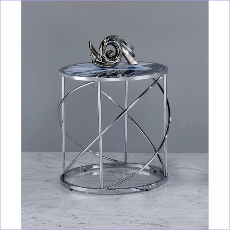 Table basse ronde en verre bleu marbré avec base en métal chromé complexe, facile à nettoyer et amp; Stable