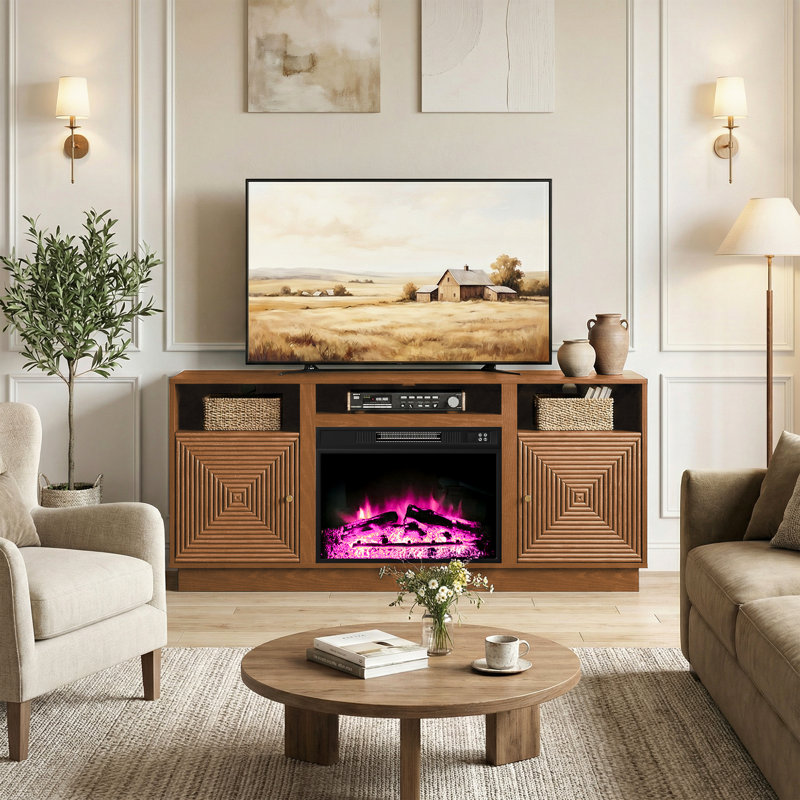 59'' Fireplace TV Stand For Tvs Up To 65'' With Storage And Adjustable Shelves, Brown
