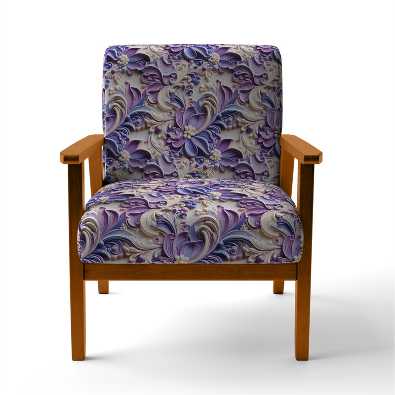 Purple Lavender Persian Paisleys I - Velvet Upholstered Bohemian & Eclectic Accent Arm Chair, Brown Square Arms