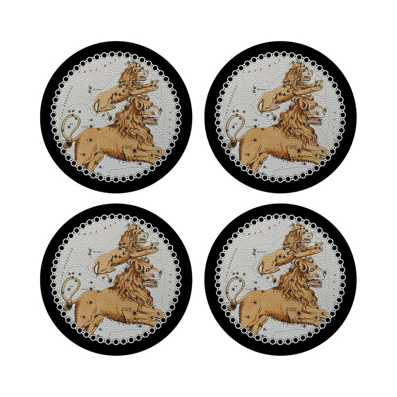 Zodiac Leo Black Vegan Leather Round Coasters, Black