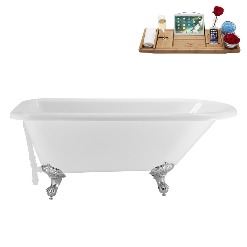 62" Streamline Clawfoot Tub,Tray,Drain, Clawfeet, Polished Chrome, Glossy White