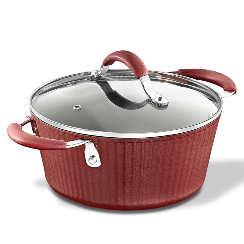 Red Lacquered Aluminum Cooking Pot with Glass Lid, 2.1 Quart