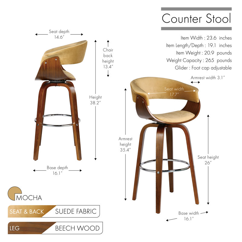 Tabouret de bar pivotant Brindley, Moka, Tabouret de comptoir (assise de 26 po de hauteur)