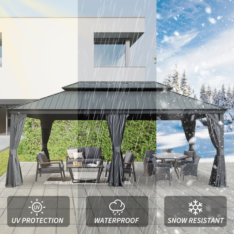 24 pi L 14 pi. D Pavillon de jardin en acier galvanisé avec double toit, Noir mat, Gris