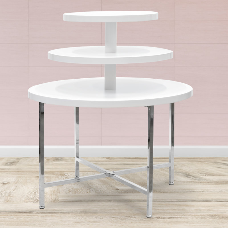 48" H X 42" W - Round 3-Tier White Laminate Retail Display Table With Chrome Legs