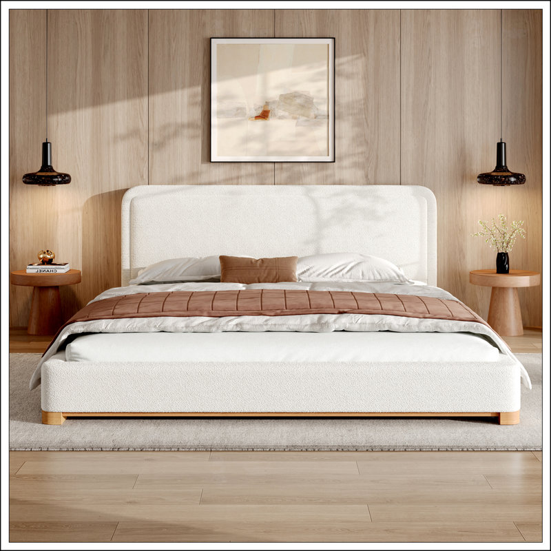 Très grande base de lit, tête de lit tapissier courbée Boucle, base en bois massif, blanc, Très grand