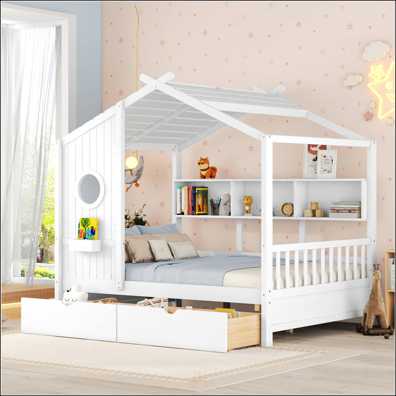  Lit double pleine grandeur avec 2 tiroirs, Double, Blanc