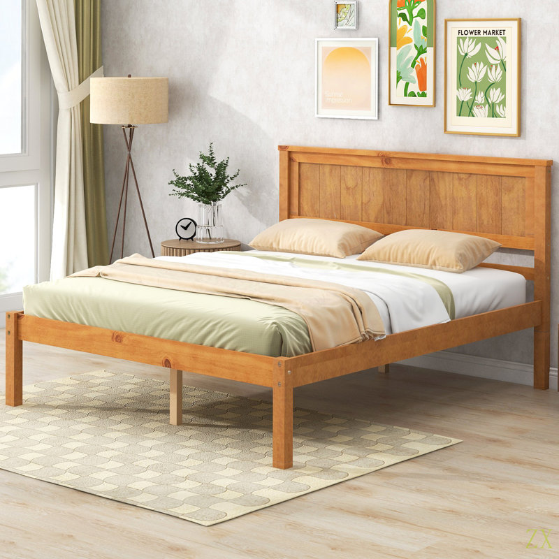 Base de lit plateforme avec tête de lit, support à lattes de bois, aucun sommier requis, lit double