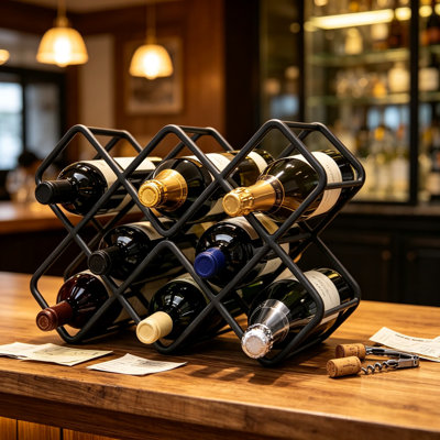 Metal Wine Rack – Matte Black Carbon Steel Countertop and Hangable Wine Holder with Modern Geometric Design, Rustproof, Under-Cabinet Display, No Asse