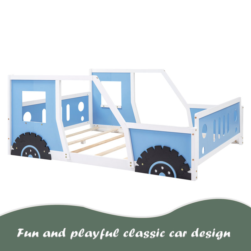 Lit plateforme classique avec roulettes en forme de voiture, Bleu