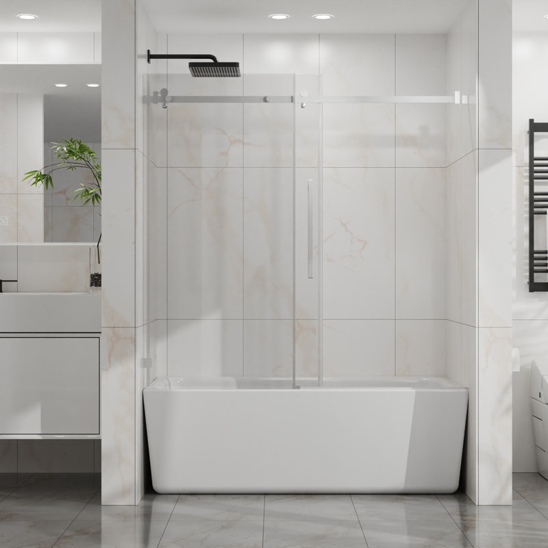 Goodyo 60" W X 58" H Tub Sliding Shower Door, Semiframeless Glass Door For Bathtub, 1/4" (6Mm) Thick Tempered Clear Glass With Easyclean Coating, Stainless Steel Hardware, Matte Black