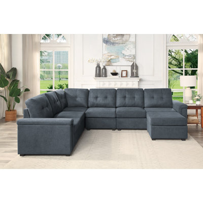 Isla 119"W Grey Woven Fabric 7-Seater Sectional Sofa With Ottoman