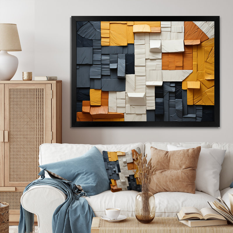 Cubique jaune et fibre grise I - Imprimé, H 34 po x l 44 po x P 1,5 po, Cadre photo noir