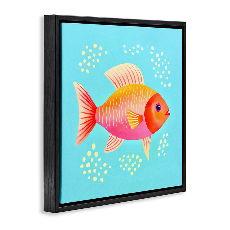 «Whimsical Orange Fish», art mural encadré flottant doré par Andrea Haase, Cadre flottant noir de jais, H 25 po x l 25 po