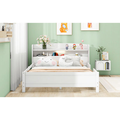 Full Size White Wood Platform Bed With Led , Headboard Storage And Guardrail Built-in Guardrail, Theme