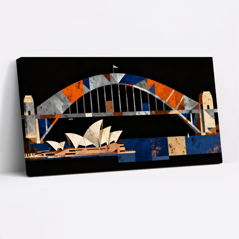 Ensemble de 1 tableau abstrait en toile tendue représentant le pont et l'opéra de Sydney, H 24 po x l 48 po