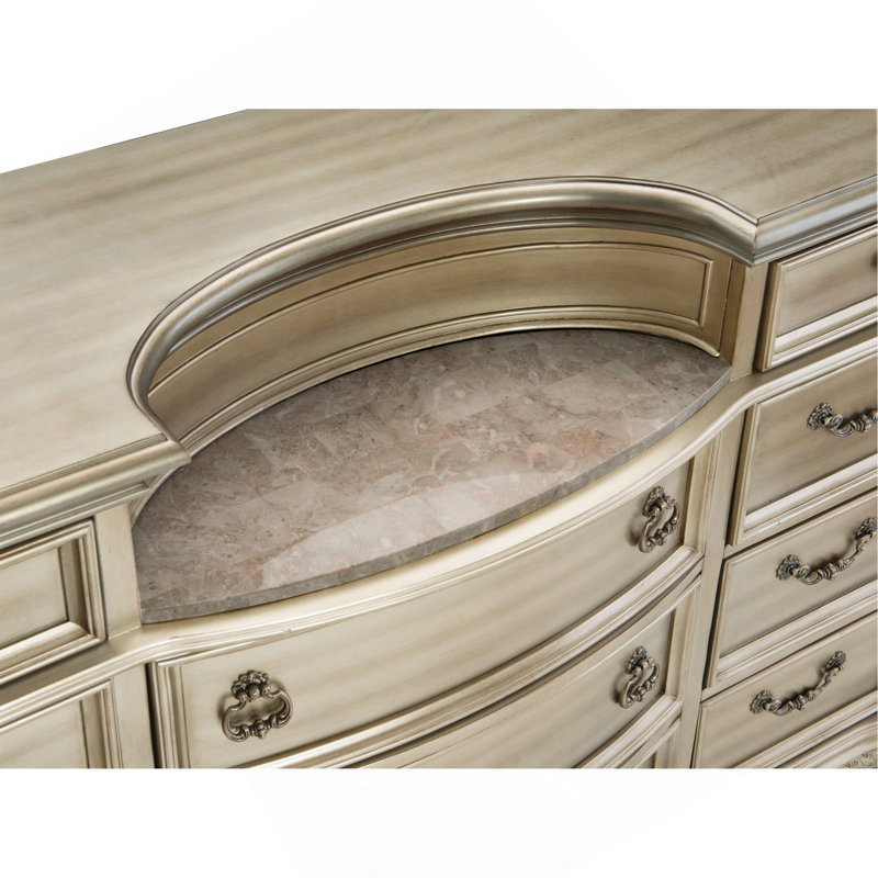 Ensemble de coiffeuse et miroir de chambre à coucher de luxe avec insert en marbre véritable et finition argentée, mobilier traditionnel