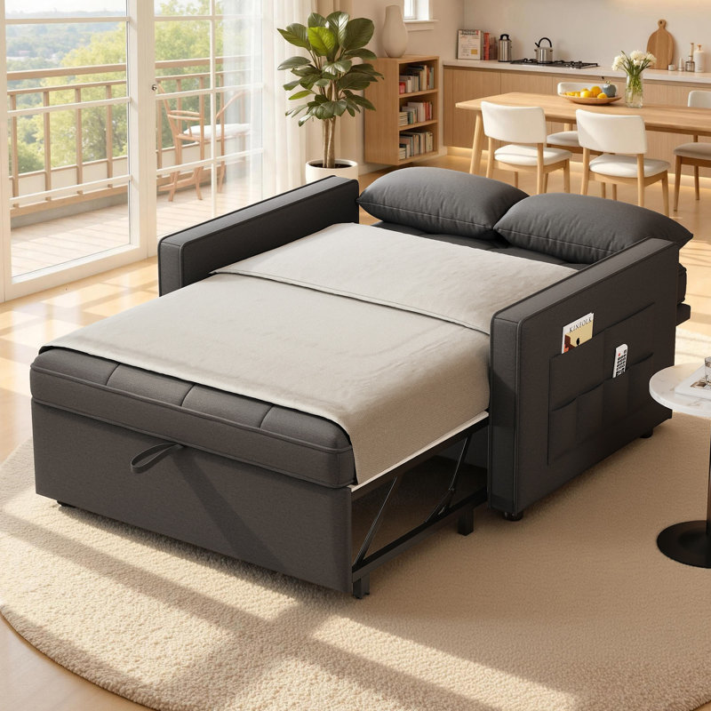 122cm Upholstered Convertible Sleeper Sofa Bed with Square Arm, Tufted Back, Pull-Out Chaise and Cushions