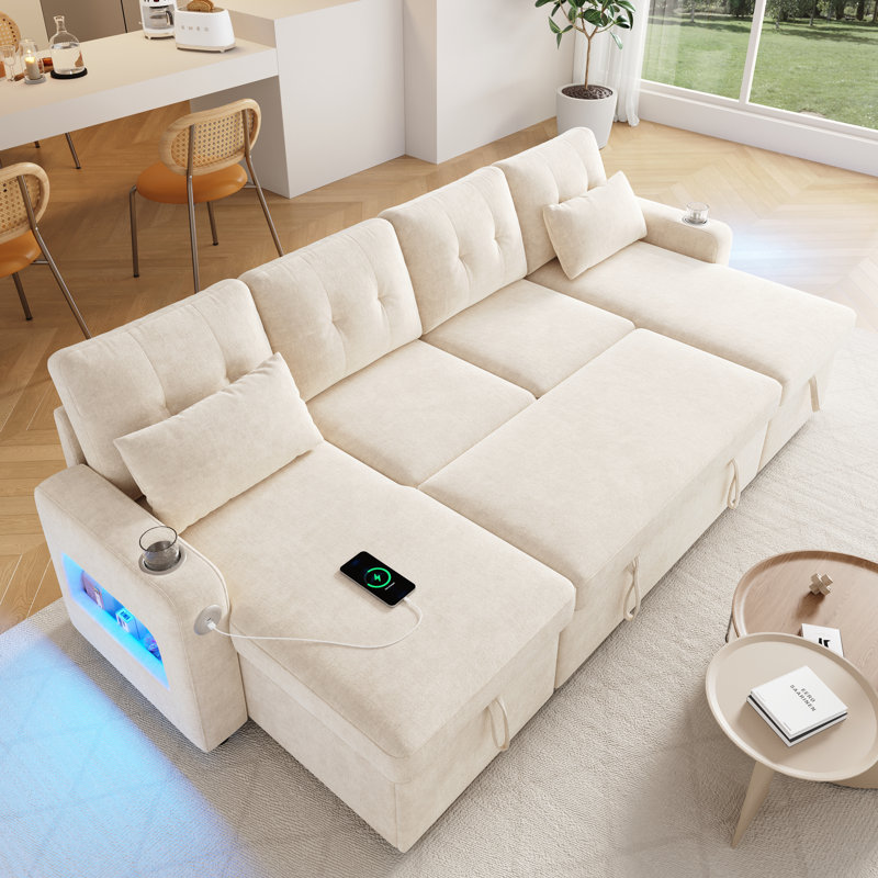 Chenille Chaise End Sofa, Beige, 4-seat