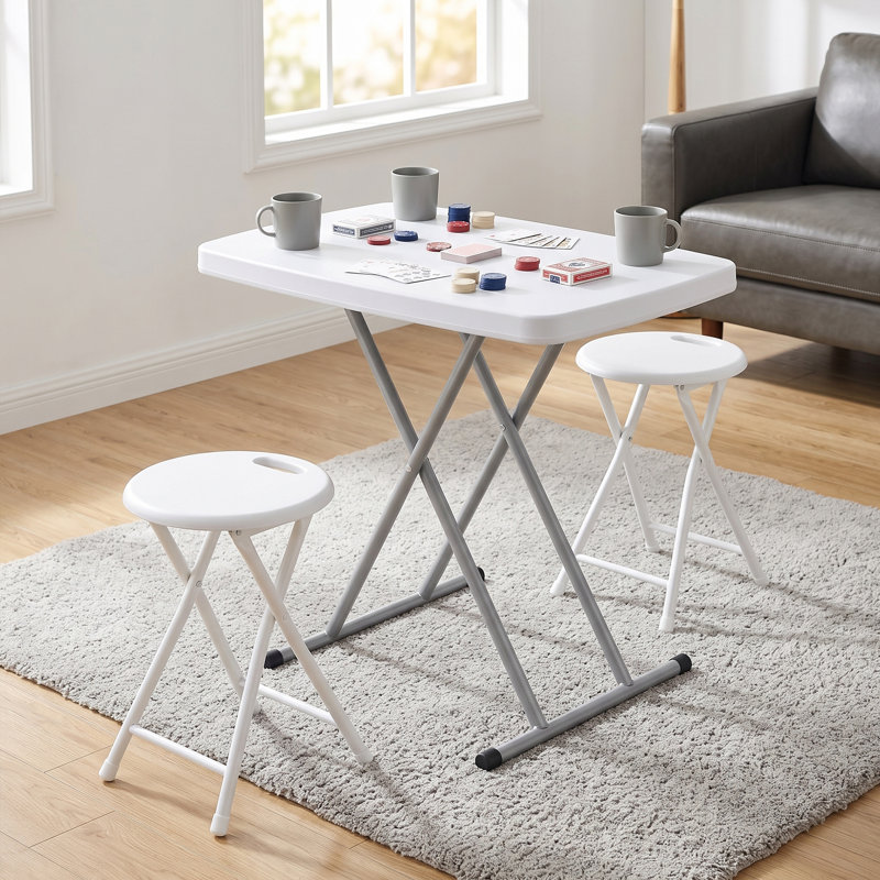 Ensemble table et tabourets pliants 3 pièces, petit bureau portatif en plastique avec 2 chaises pliables, structure robuste en PEHD et acier pour une utilisation intérieure, extérieure, VR et camping, blanc