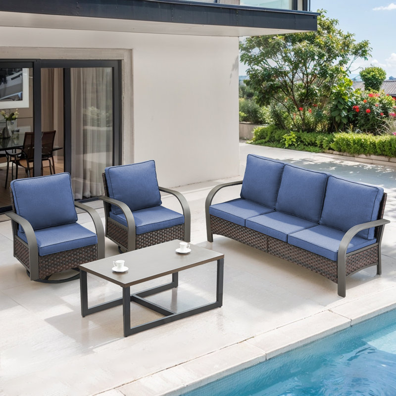 Bobra Outdoor Courtyard Handmade Rattan Conversation Set With Swivel Chairs, Blue