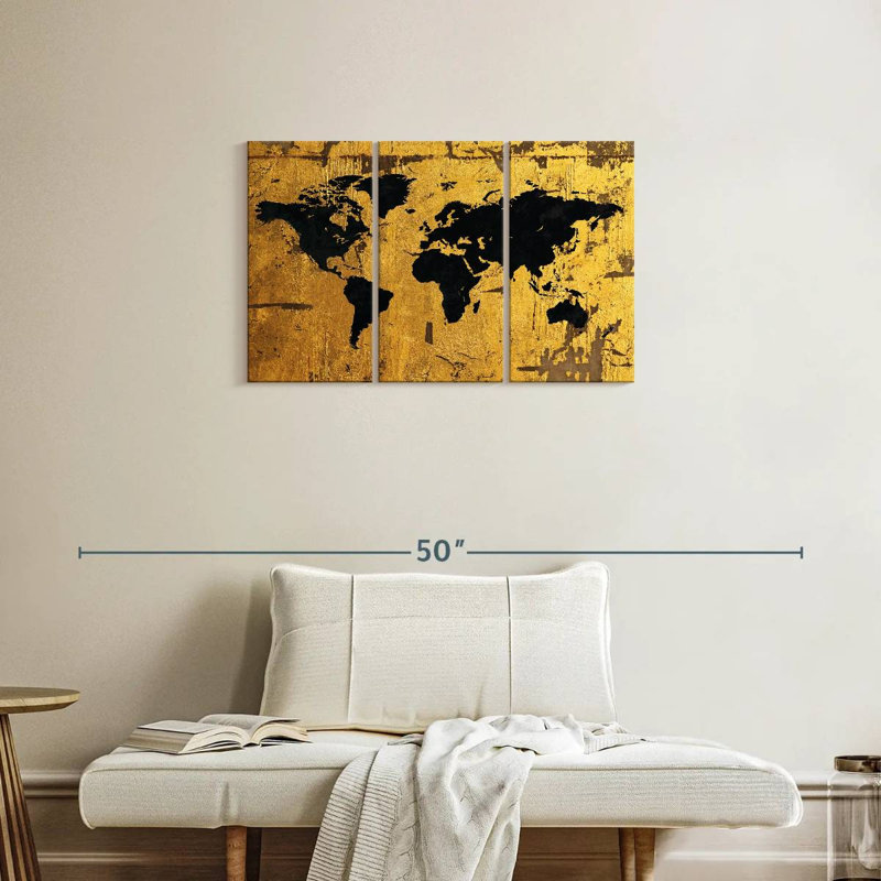 Aliaz Black On Gold World Map, 20" H x 33" W