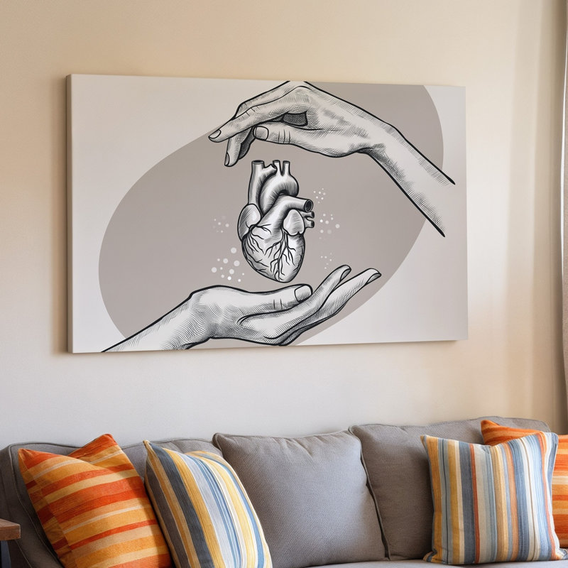 Toile, composition minimaliste mettant en vedette deux mains délicatement détaillées se rapprochant de l'art mural