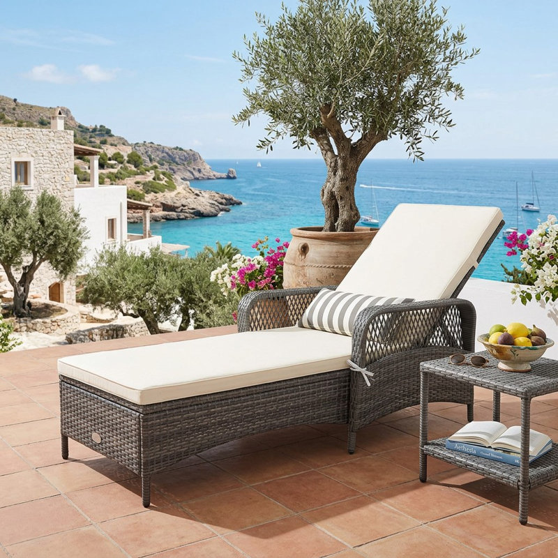 Outdoor Metal Chaise Lounge , Cushion Included, White, Gray