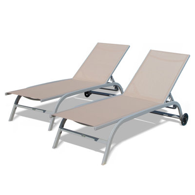 Chaise longue pour l'extérieur, ensemble de 2, chaises longues pour l'extérieur avec bières, chaises longues d'extérieur avec 5 positions réglables, chaises longues pour piscine, patio, plage, terrasse, bord de piscine (kaki, 2 chaises longues)