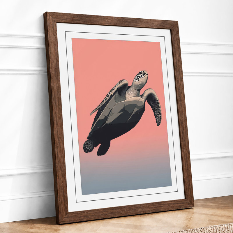 Turtle in Flight Minimalist - Framed Print, A2 - 59.4 x 42.0 cm, Walnut