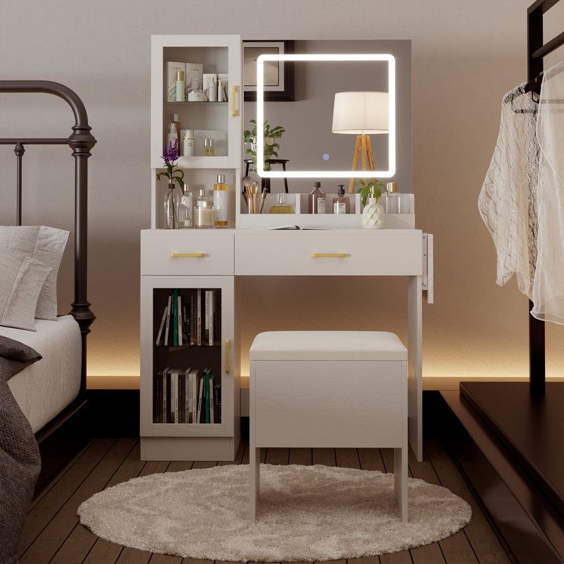 Bureau de maquillage avec lumières DEL réglables, station de charge et tabouret