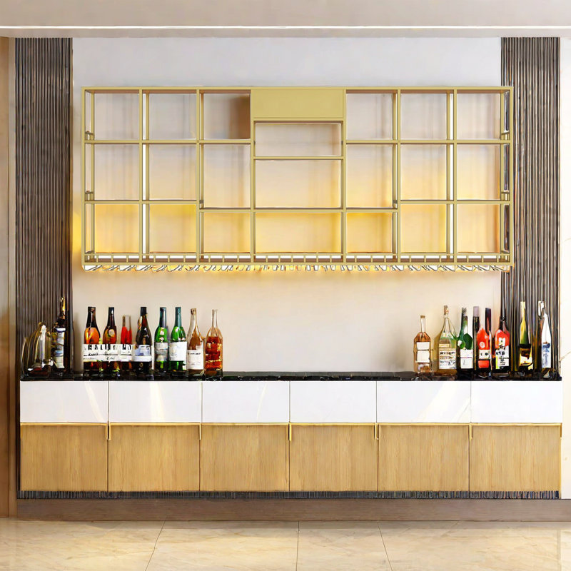 Multi-tier Iron Wall Mounted Wine Rack, Gold, 47.2" H x 110.2" W x 7.8" D