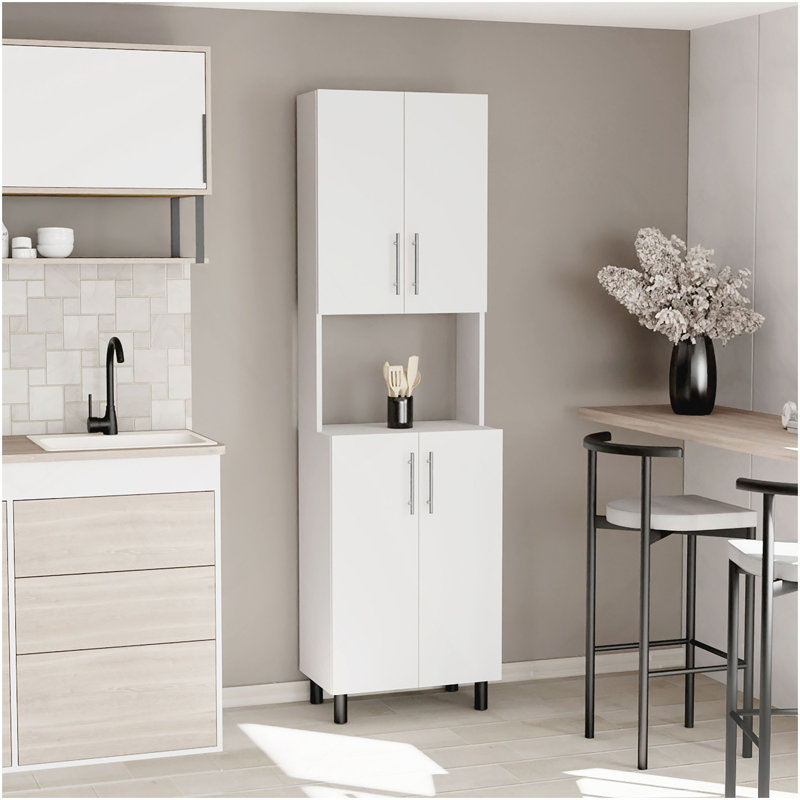 Linden 76,8" Tall Two Double Door Cabinet Kitchen Pantry With Hutch And Five Shelves, Microwave Cabinet, Storage Cabinet, Kitchen Organization, Garage Cabinet, Kitchen White