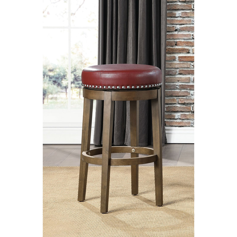 2 tabourets pivotants pour salle à manger, similicuir rouge, structure en bois massif avec finition brune de 2 tabourets de bar, revêtus de cuir, garnis de têtes de clous, encadrés