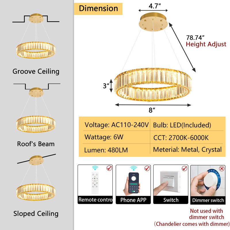 Lustre en cristal 8 po, Gold