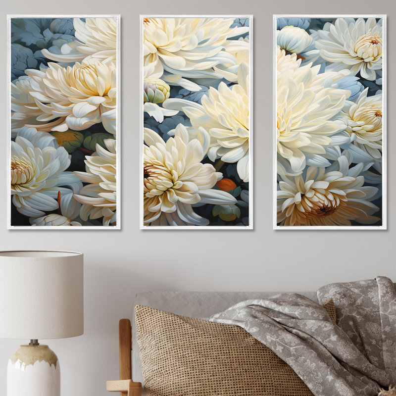 Blooming Mums, peinture en beige et bleu IV - Mums, art mural sur toile, Cadre flottant blanc, H 32 po x l 48 po x P 1 po
