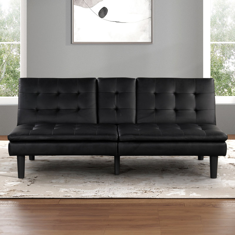Futon contemporain noir avec capitonnage biscuit, - chargeurs de climatiseur, porte-gobelets et table rabattable, conversion facile au lit, profondeur 2, siège de l 35,5 po x l 71,5 po x H 32 po