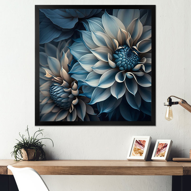 Dahlia fleurs bleu et blanc II - art mural Dahlia pour le salon, Cadre photo noir, H 36 po x l 36 po