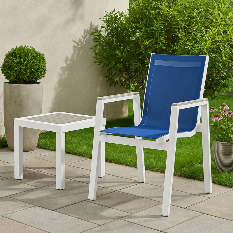 Fauteuil de patio empilable Lajoy, Bleu marine, Blanc, Gris