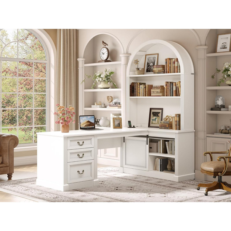 67" L Shaped Desk With Tall Arched Bookshelf, White